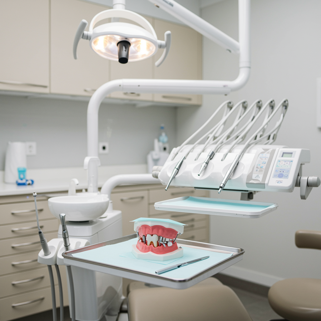 Modern dental office with clean treatment chair and restored tooth model highlighting dental fillings service