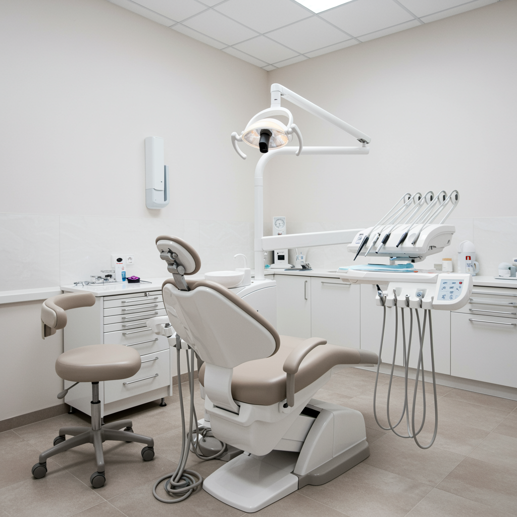 Modern dental treatment room with pristine dental chair and organized surfaces for emergency dentistry