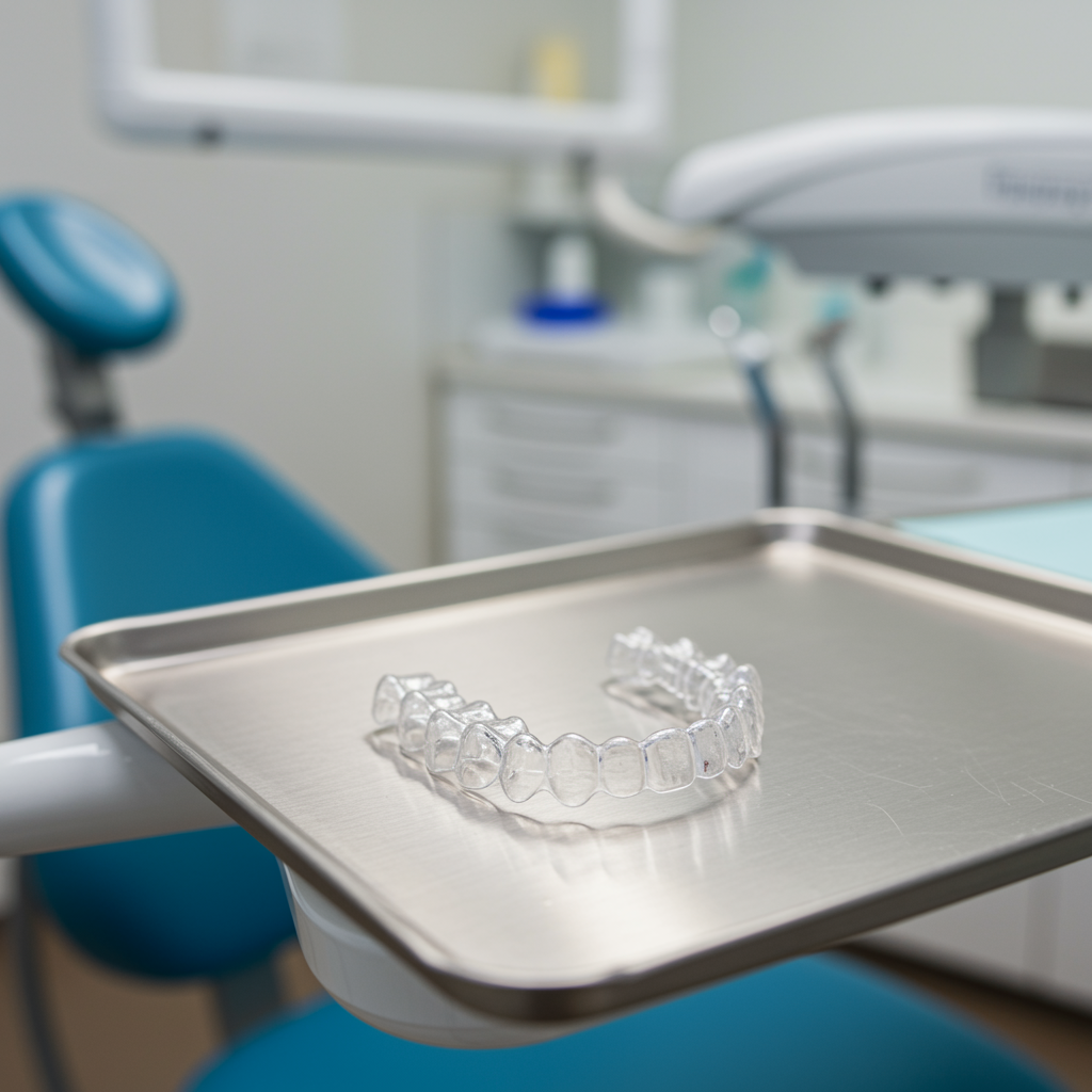 Clear Invisalign aligner displayed in a clean, modern dental office environment