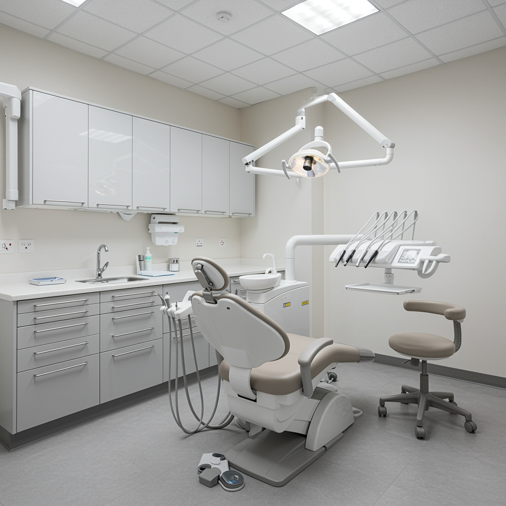 Modern dental treatment room with sleek dental chair and organized counters, professional setting for root canal procedures, no people