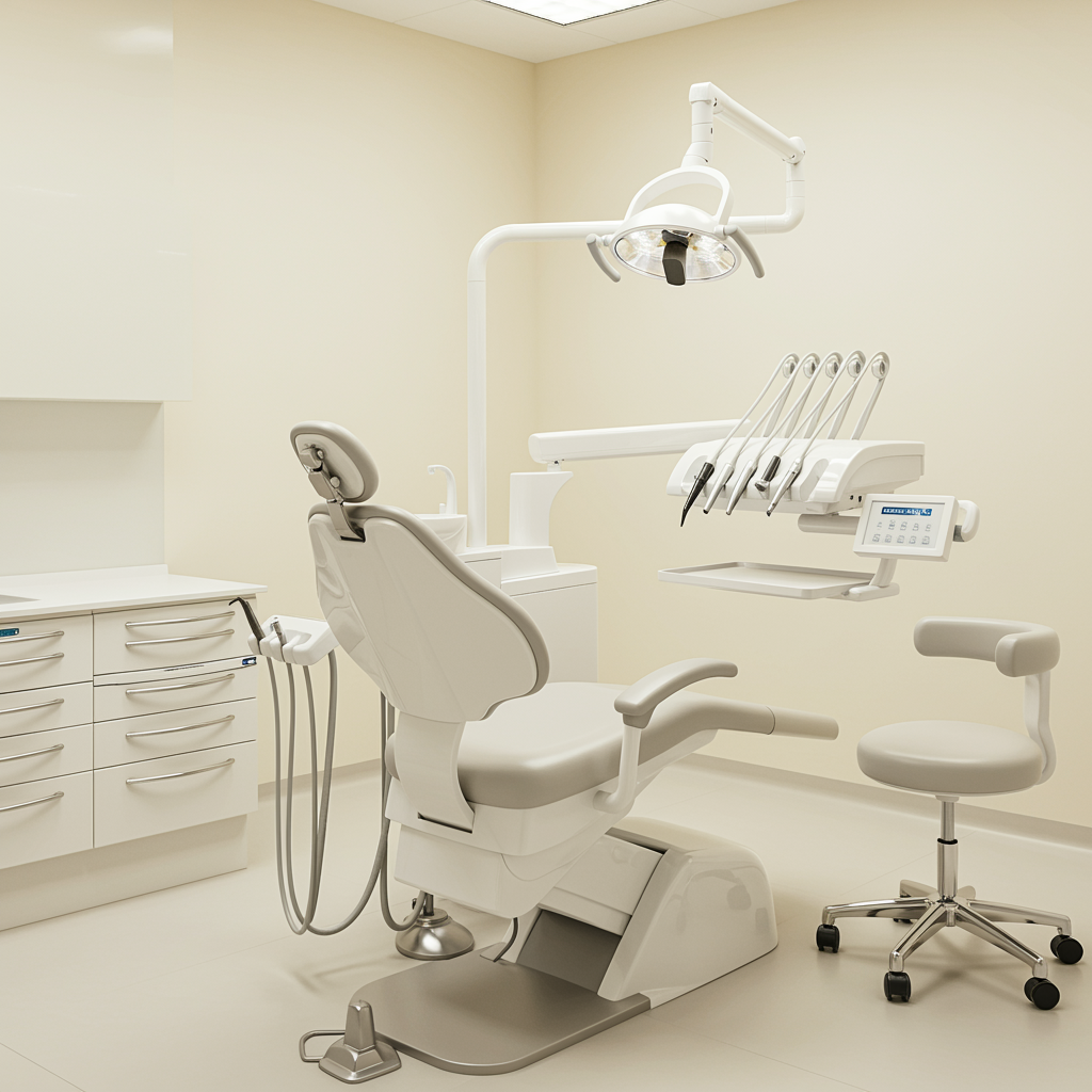 Modern dental office showcasing a pristine dental chair and spotless equipment in a bright, welcoming environment
