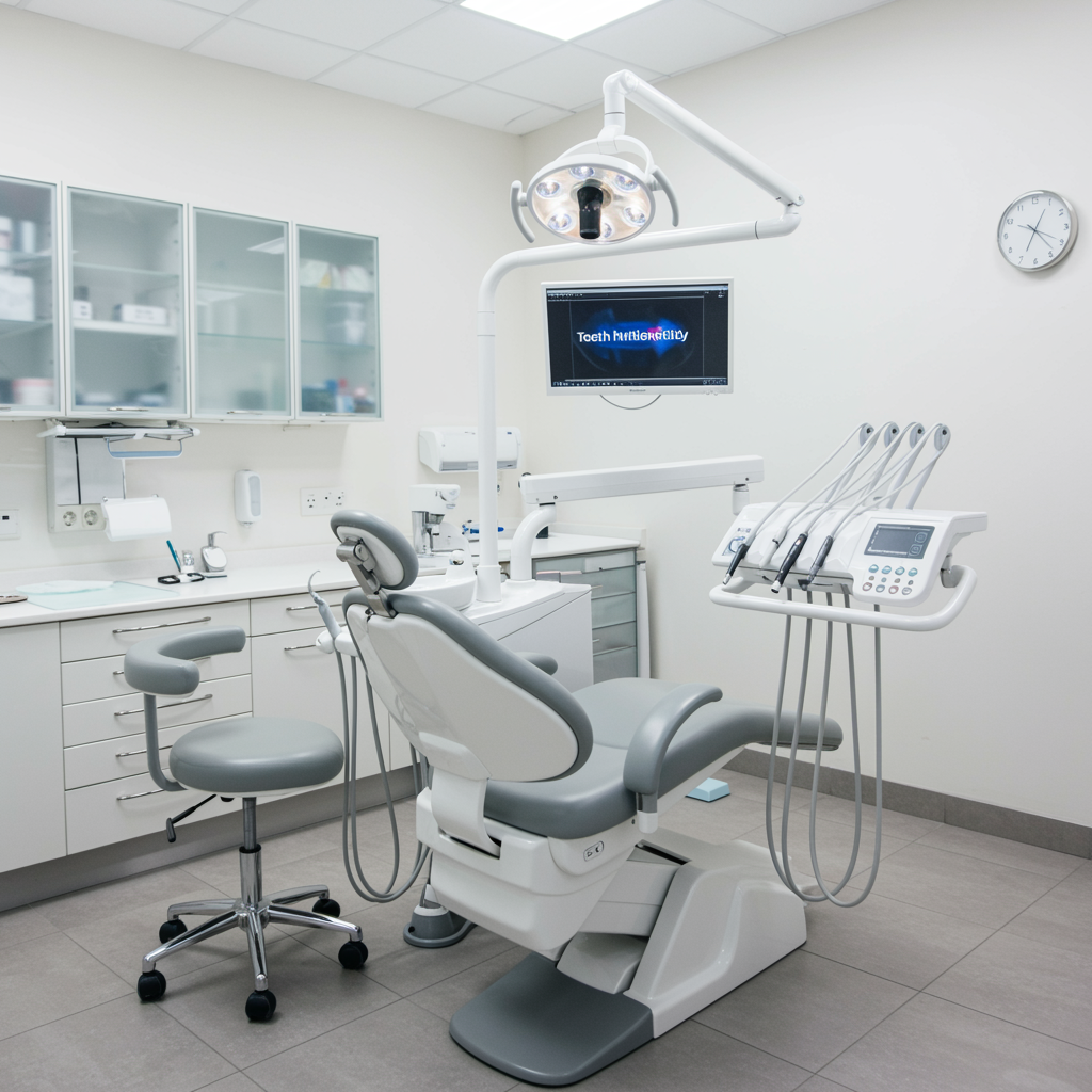 Pristine dental treatment room with a comfortable chair, clean surfaces, and organized cabinetry, prepared for teeth whitening service