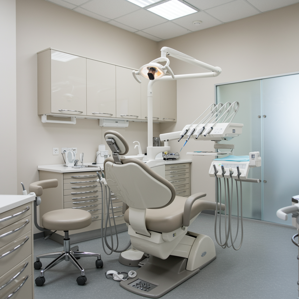 Modern dental treatment room with a comfortable chair and clean, organized surfaces in a professional dentist office